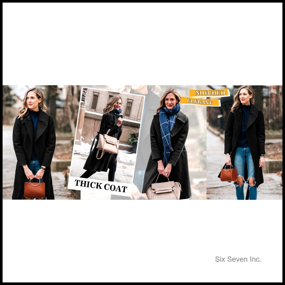 Long Wool Blend Pea Coat with Belt Notched Lapel Collar Winter Overcoat - Picture 7 of 7